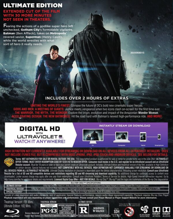 Batman vs Superman Dawn of Justice Blu-ray/DVD 3-Disc Digital Ultimate Edition (New) - Image 3