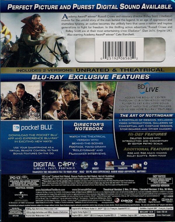 Robin Hood (Blu-ray Disc, 2012, Unrated Director's Cut) with Digital Copy Disc - Image 3